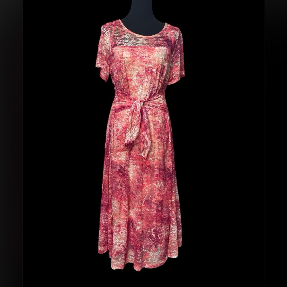 Perceptions Pink and Red Lace Midi Dress